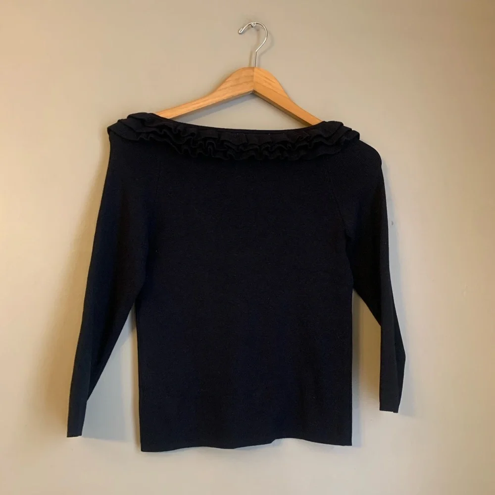 Ralph Ralph Lauren Black Ruffle Collar Scoop Neck 3/4 Sleeve Silk Blend Sweater